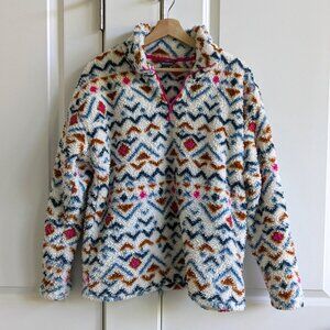 Eddie Bauer Sherpa Pullover Women L White Pink Multicolor Southwestern 1/4 Zip